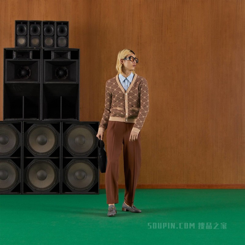 饰Gucci标签羊毛长裤 棕色