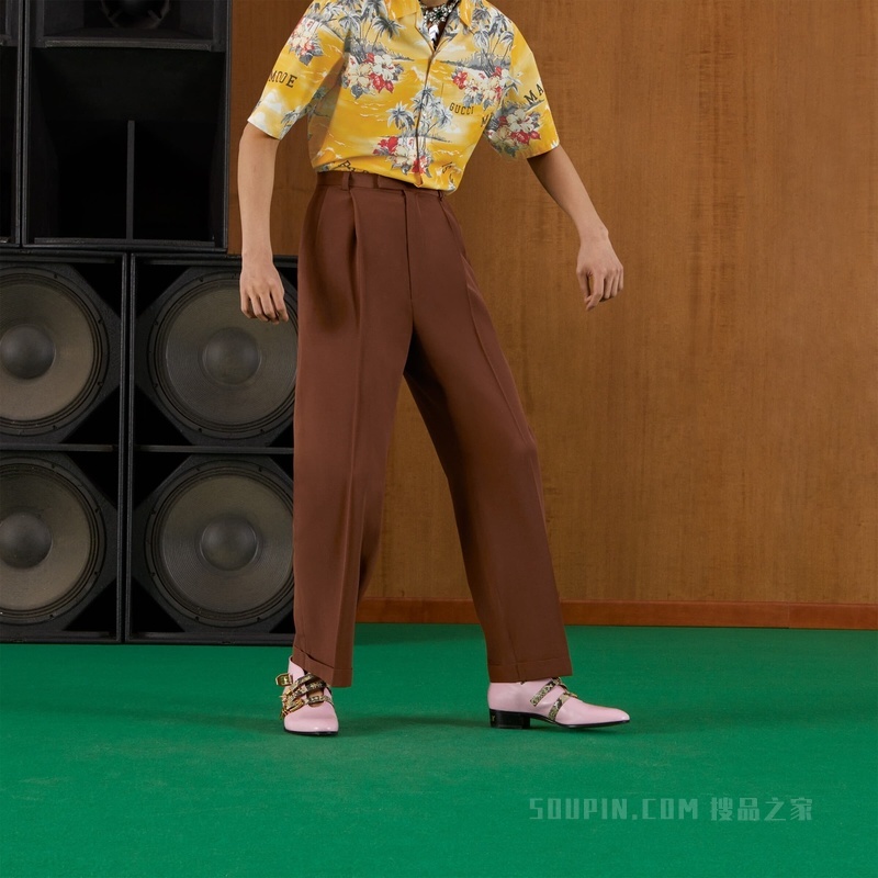 饰Gucci标签羊毛长裤 棕色