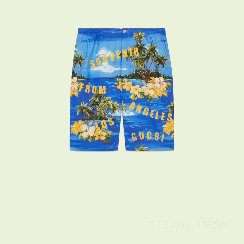 饰印花棉府绸短裤 蓝色和黄色