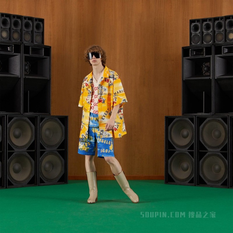 饰印花棉府绸短裤 蓝色和黄色