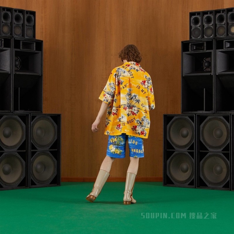 饰印花棉府绸短裤 蓝色和黄色