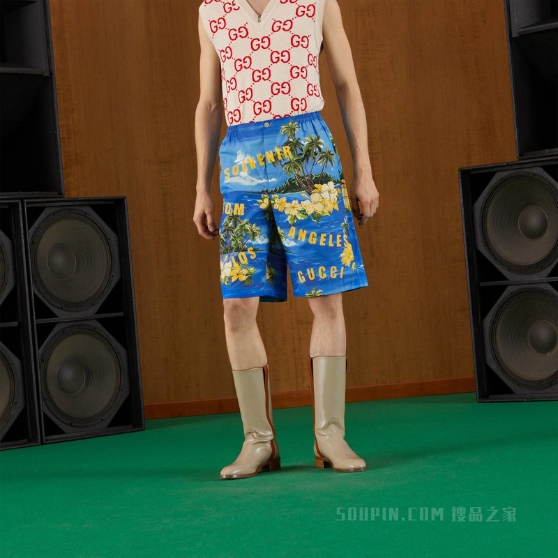 饰印花棉府绸短裤 蓝色和黄色