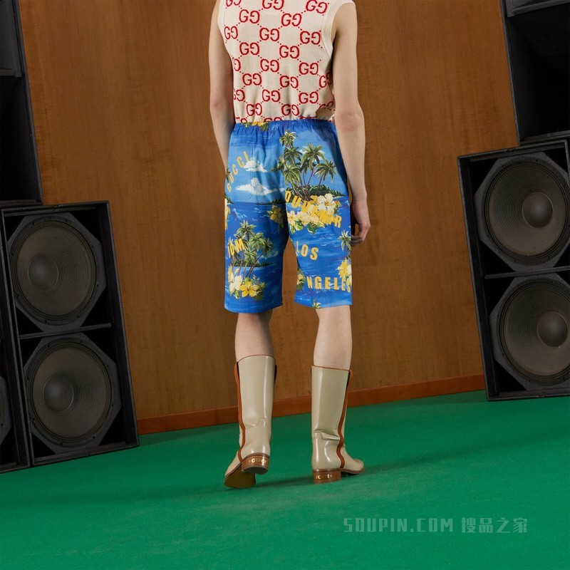 饰印花棉府绸短裤 蓝色和黄色