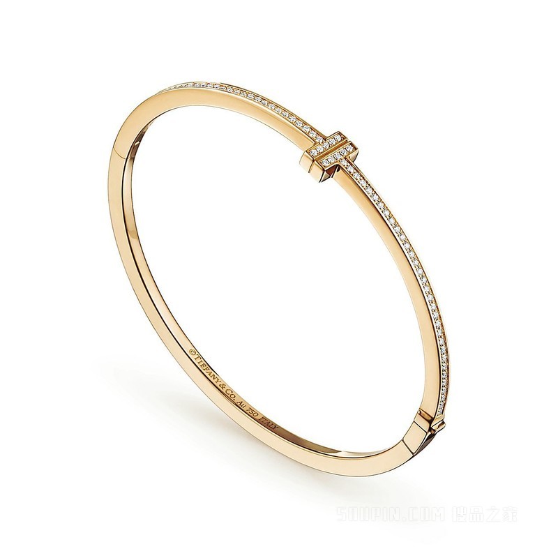 Tiffany T 系列 18K 黄金镶钻铰链线圈手镯，大号。