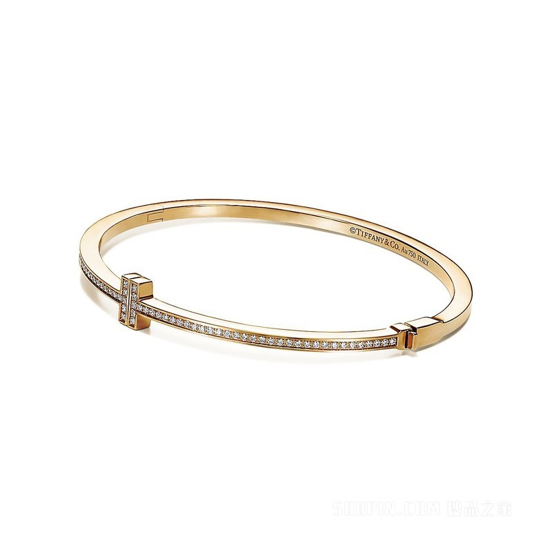 Tiffany T 系列 18K 黄金镶钻铰链线圈手镯，大号。