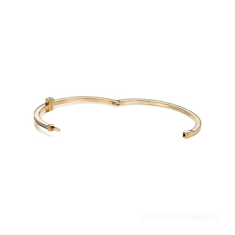 Tiffany T 系列 18K 黄金镶钻铰链线圈手镯，大号。