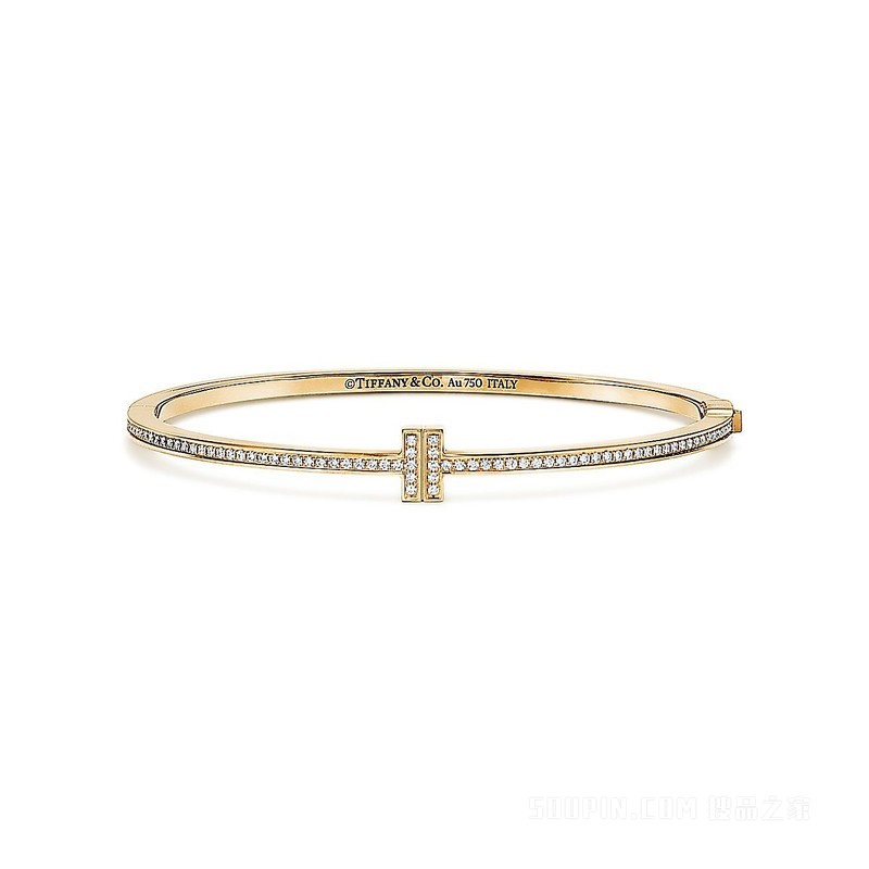 Tiffany T 系列 18K 黄金镶钻铰链线圈手镯，大号。