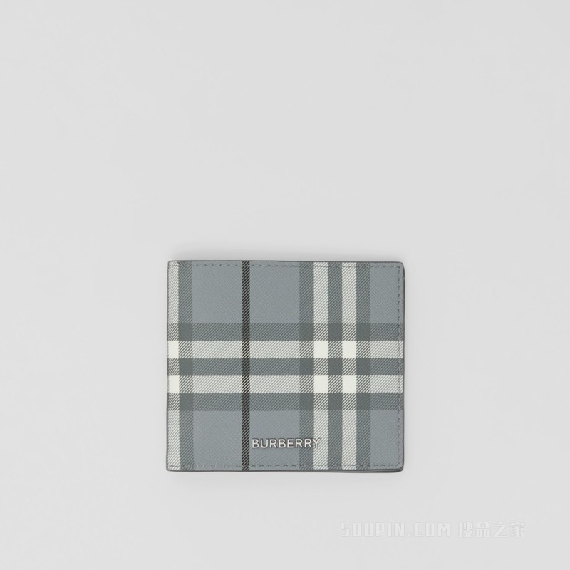 格纹拼皮革双折钱夹（国际版） (风暴灰) - 男士