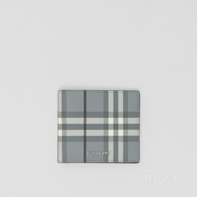 格纹拼皮革双折钱夹（国际版） (风暴灰) - 男士