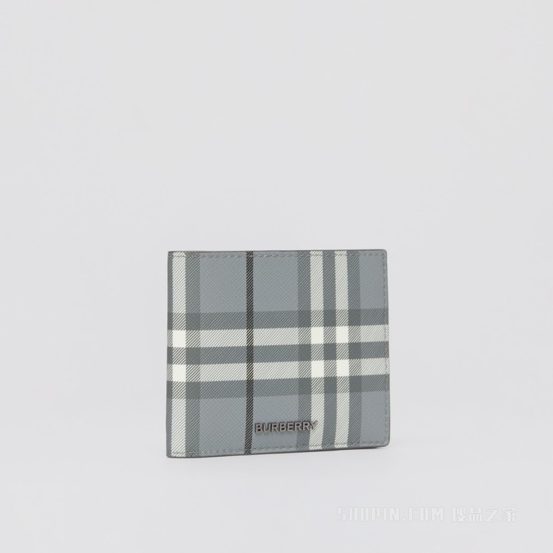 格纹拼皮革双折钱夹（国际版） (风暴灰) - 男士