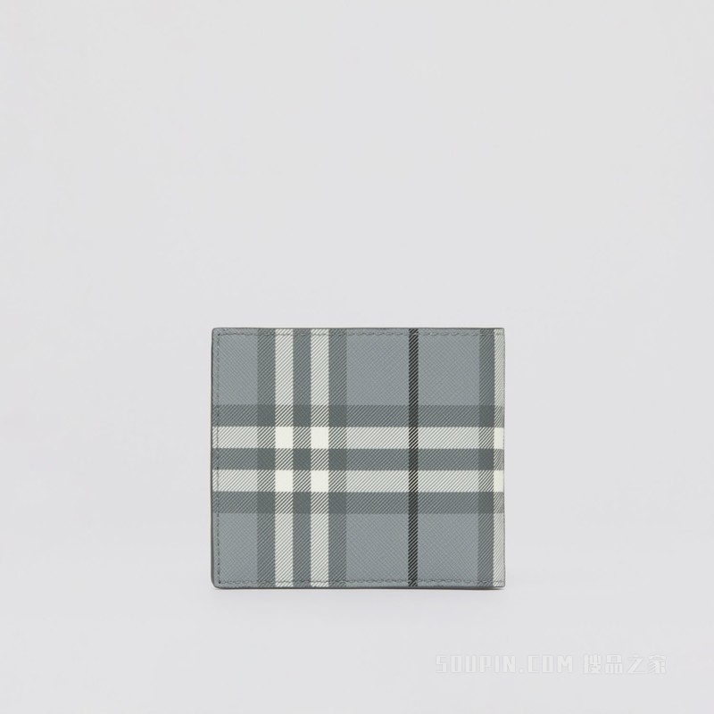 格纹拼皮革双折钱夹（国际版） (风暴灰) - 男士