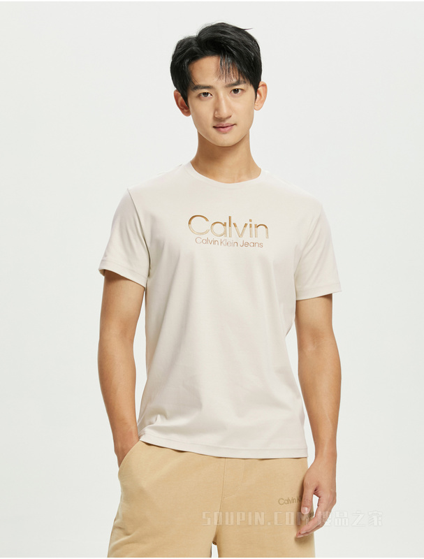 Calvin Klein 22春夏新款男士时尚纯棉透气拼色LOGO绣印短袖T恤J320569