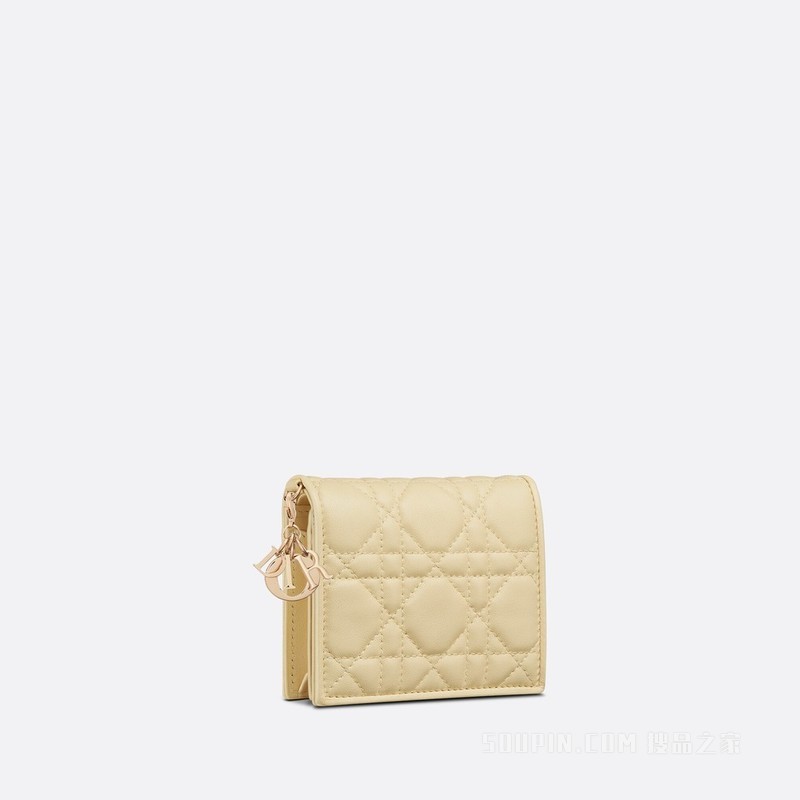 迷你 Lady Dior 钱包 浅黄色羊皮革藤格纹