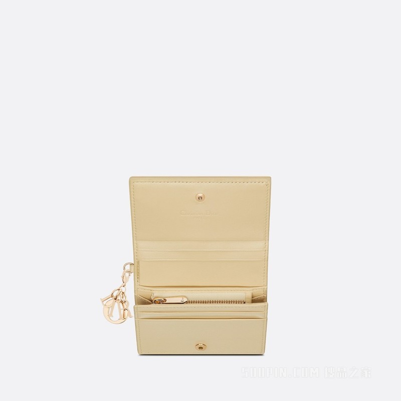迷你 Lady Dior 钱包 浅黄色羊皮革藤格纹