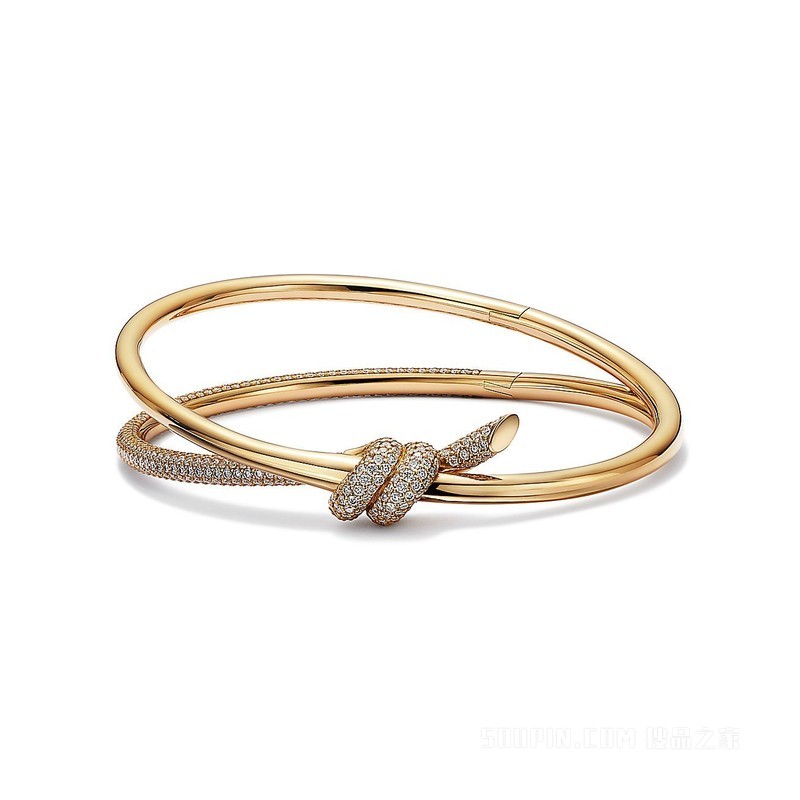 Tiffany Knot 系列 18K 黄金镶钻双行铰链手镯