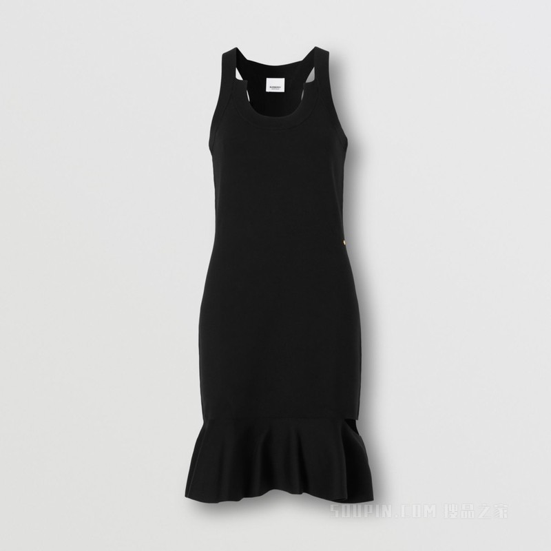 镂空设计宽摆收腰丝毛混纺连衣裙 (黑色) - 女士