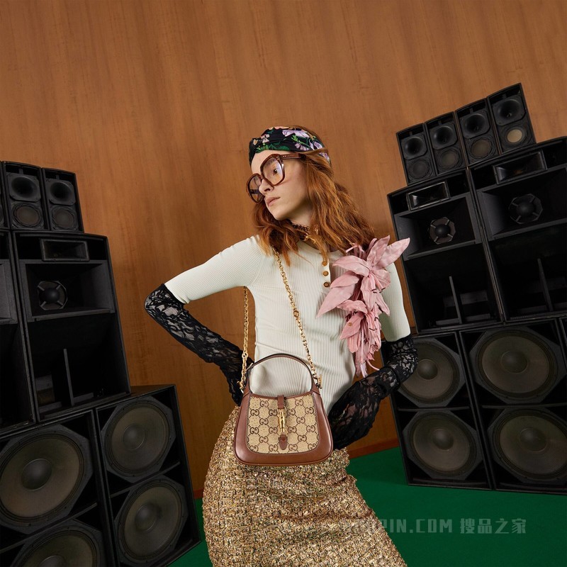 Jackie 1961系列迷你GG肩背包 驼色和乌木色帆布