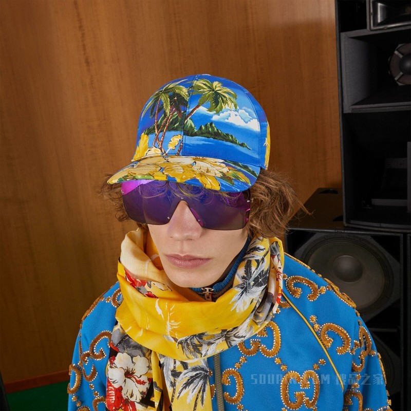 棕榈树和花卉印花棒球帽 蓝色和黄色