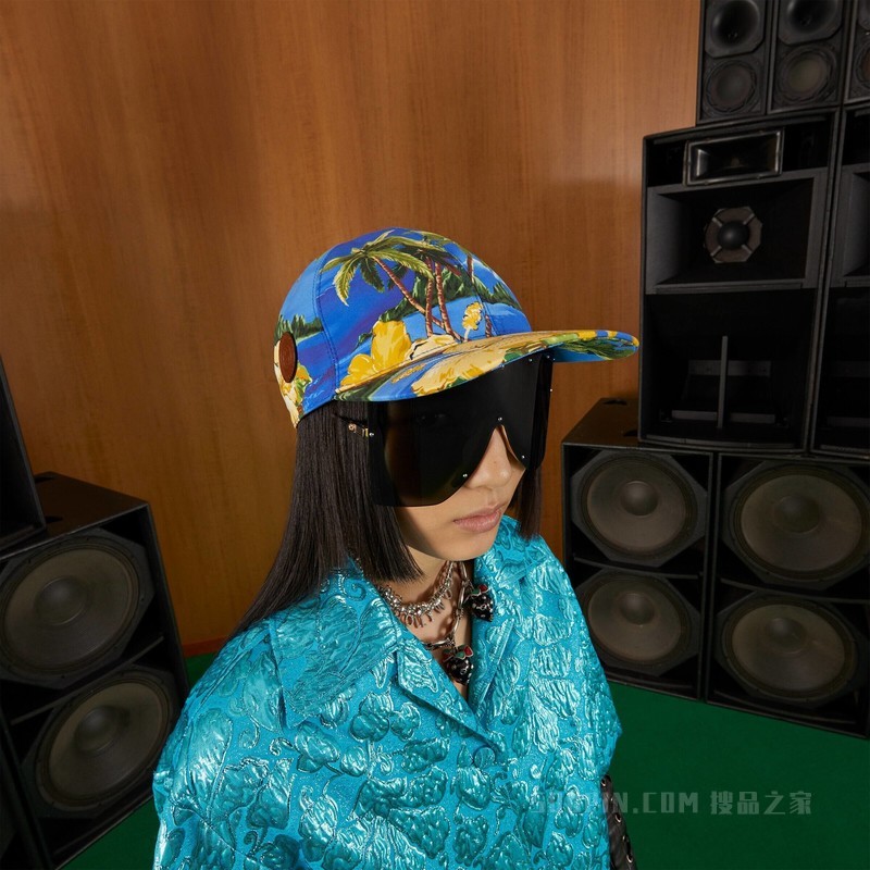 棕榈树和花卉印花棒球帽 蓝色和黄色