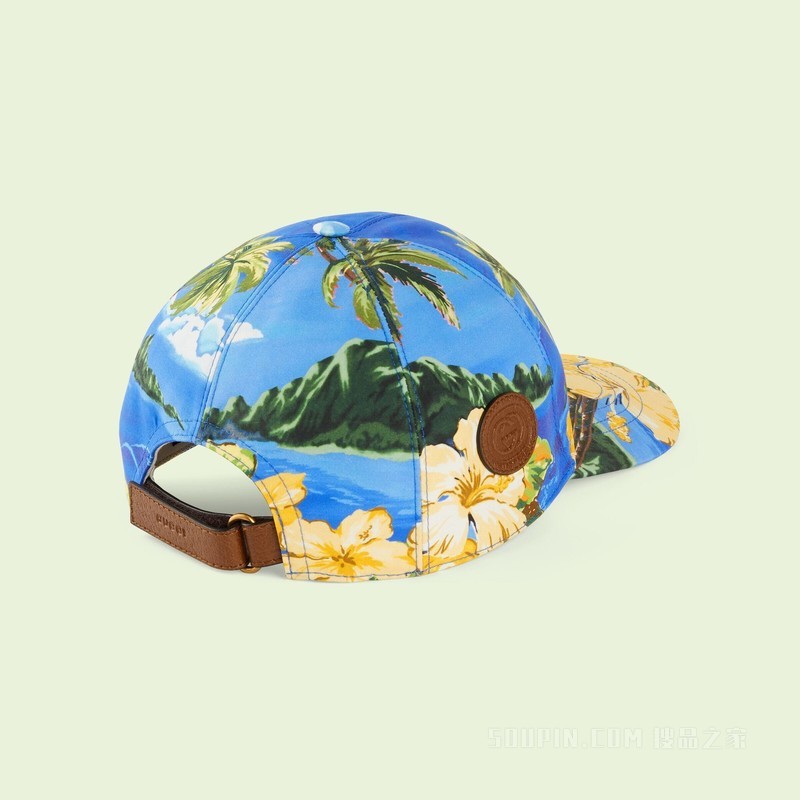 棕榈树和花卉印花棒球帽 蓝色和黄色
