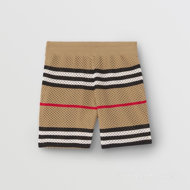 标志性条纹镂空针织短裤 (驼色) - 男士