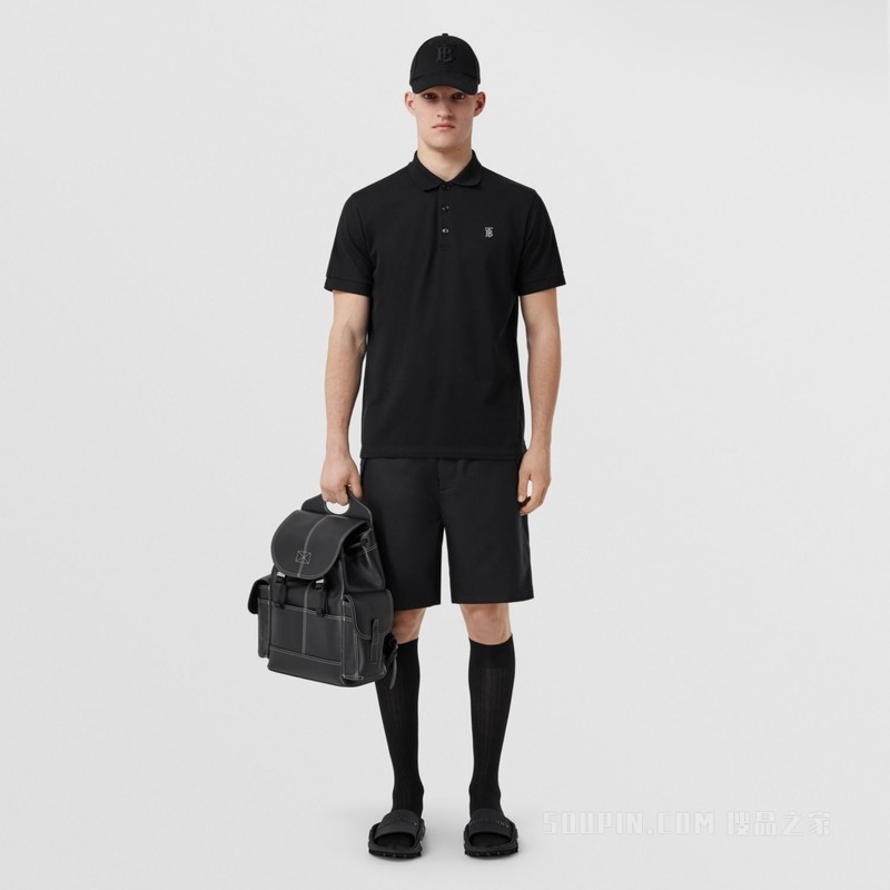 专属标识装饰丝棉混纺 Polo 衫 (黑色) - 男士