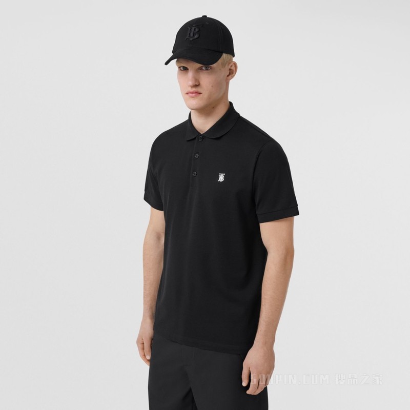 专属标识装饰丝棉混纺 Polo 衫 (黑色) - 男士