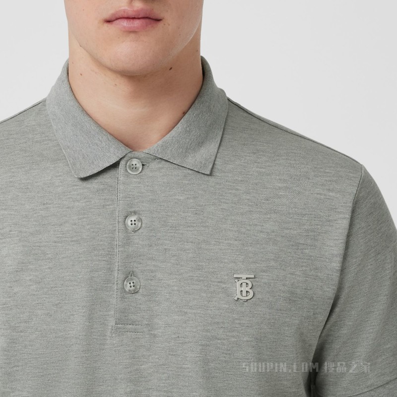 专属标识装饰丝棉混纺 Polo 衫 (浅麻灰色) - 男士