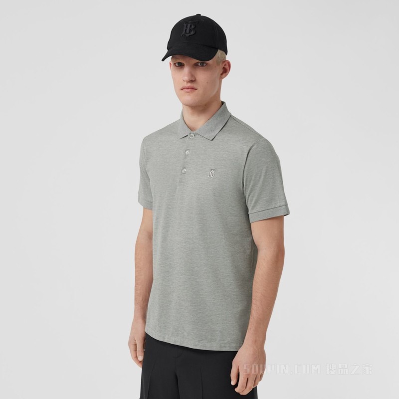 专属标识装饰丝棉混纺 Polo 衫 (浅麻灰色) - 男士