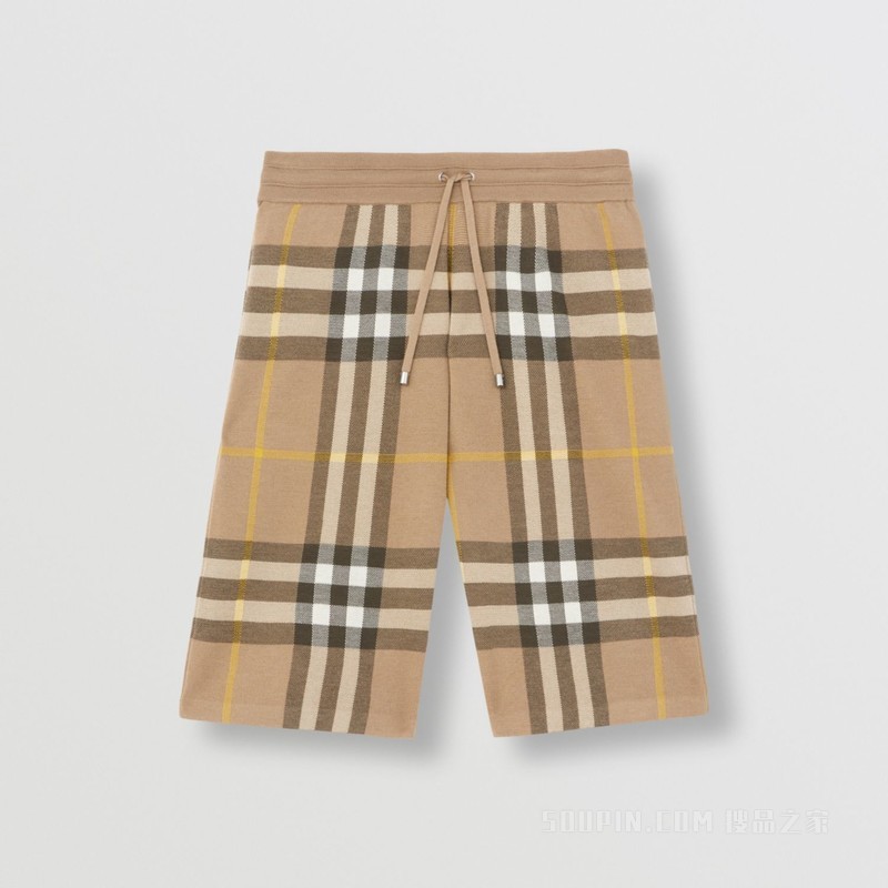 格纹丝羊混纺提花短裤 (松露色) - 男士