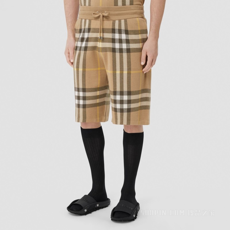格纹丝羊混纺提花短裤 (松露色) - 男士