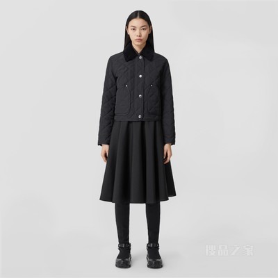 灯芯绒衣领菱形绗缝短款谷仓夹克 (黑色) - 女士