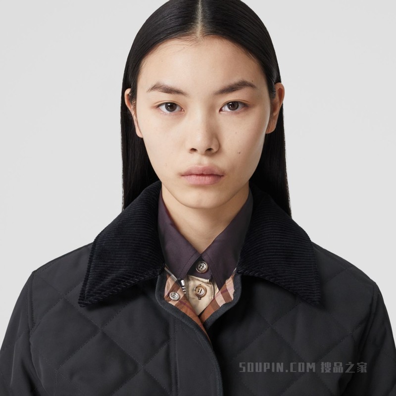 灯芯绒衣领菱形绗缝短款谷仓夹克 (黑色) - 女士