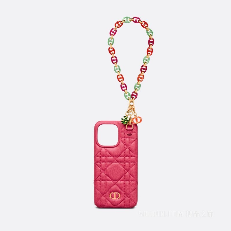 Dior Caro iPhone 13 Pro 手机壳 亮粉色牛皮革藤格纹搭配手链