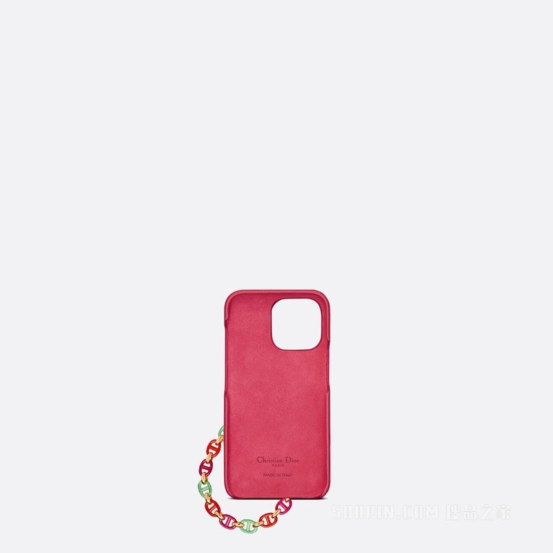 Dior Caro iPhone 13 Pro 手机壳 亮粉色牛皮革藤格纹搭配手链