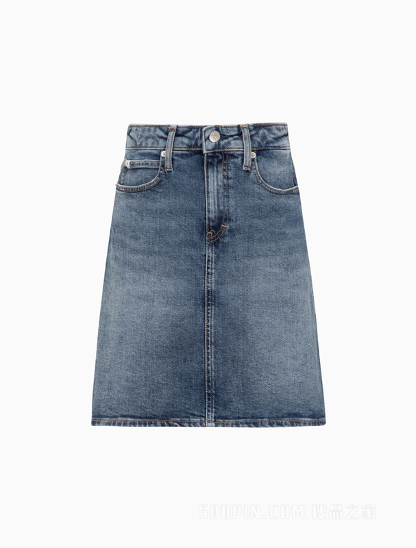 Calvin Klein 22春夏女士休闲铆钉扣LOGO贴片高腰A字牛仔短裙J218474