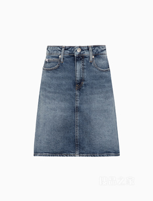 Calvin Klein 22春夏女士休闲铆钉扣LOGO贴片高腰A字牛仔短裙J218474