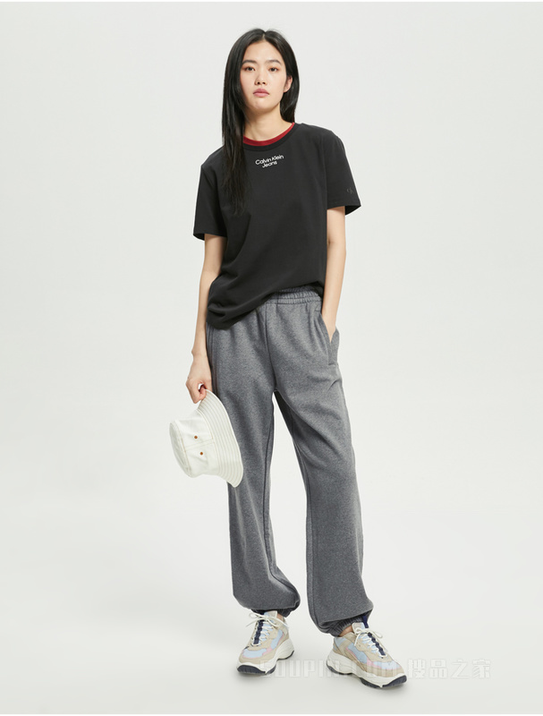 Calvin Klein 22春夏女士纯棉松紧抽绳束脚刺绣LOGO运动休闲裤40WH107