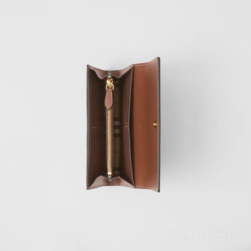 Vintage 格纹拼皮革长款钱夹 (典藏米色 / 棕褐色) - 女士