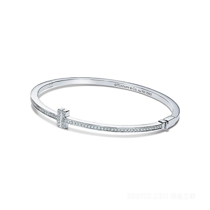 Tiffany T 系列 18K 白金镶钻铰链线圈手镯，小号。