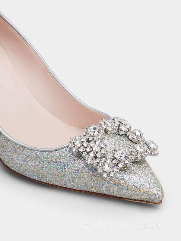 Flower Strass Buckle Piping 花钻织物高跟鞋 银色
