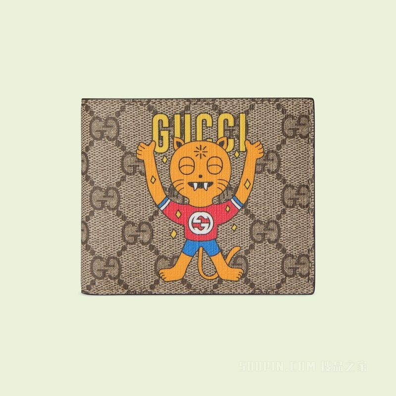 Gucci小猫印花钱包 米色和乌木色Supreme帆布