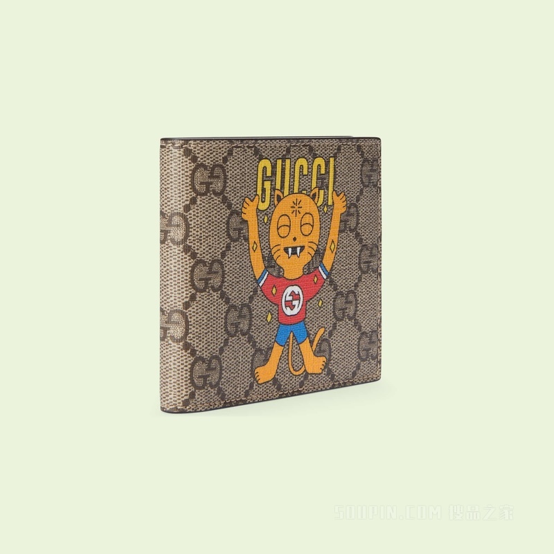 Gucci小猫印花钱包 米色和乌木色Supreme帆布