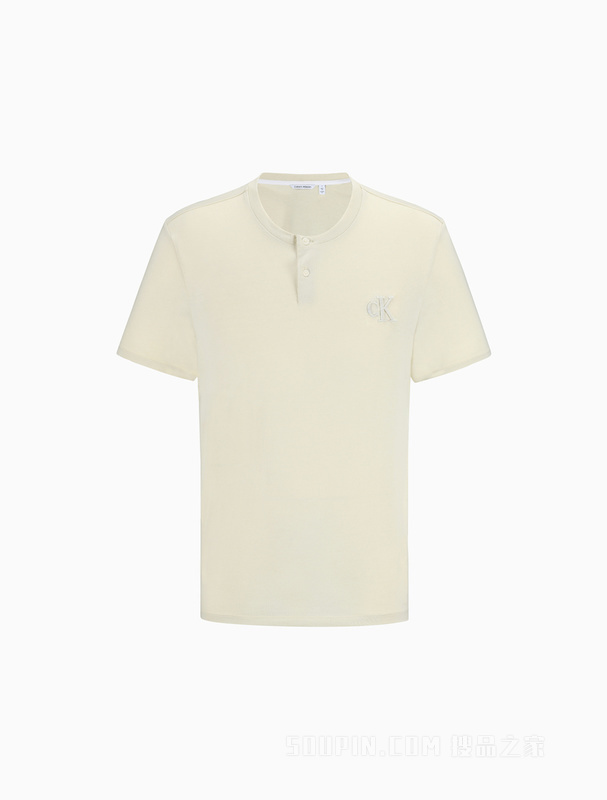 Calvin Klein 22春季新款男士透气亨利领半开襟浮雕LOGO短袖T恤40HC210