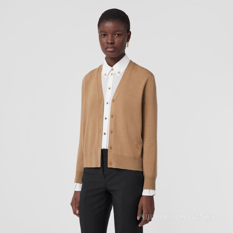 专属标识图案羊毛混纺开衫 (驼色) - 女士