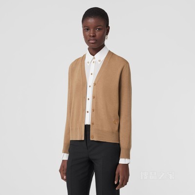 专属标识图案羊毛混纺开衫 (驼色) - 女士