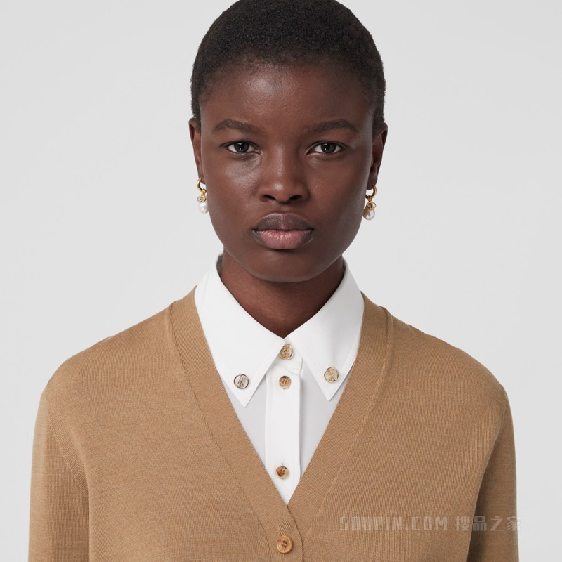 专属标识图案羊毛混纺开衫 (驼色) - 女士