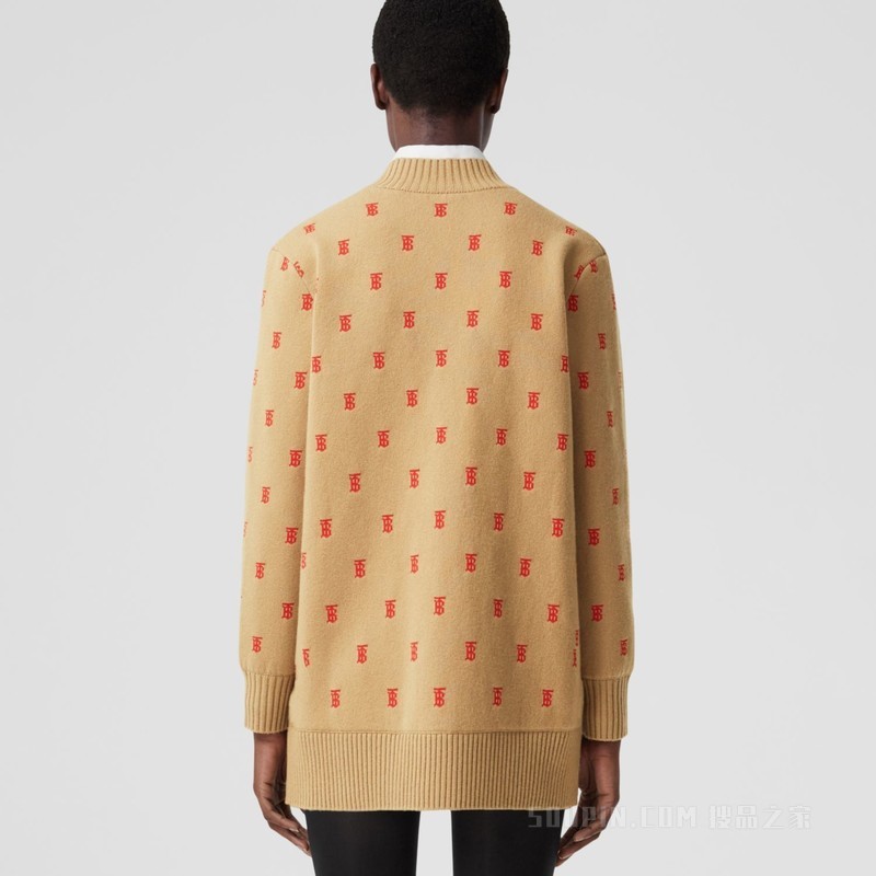 专属标识装饰羊毛混纺宽松开衫 (典藏米色) - 女士