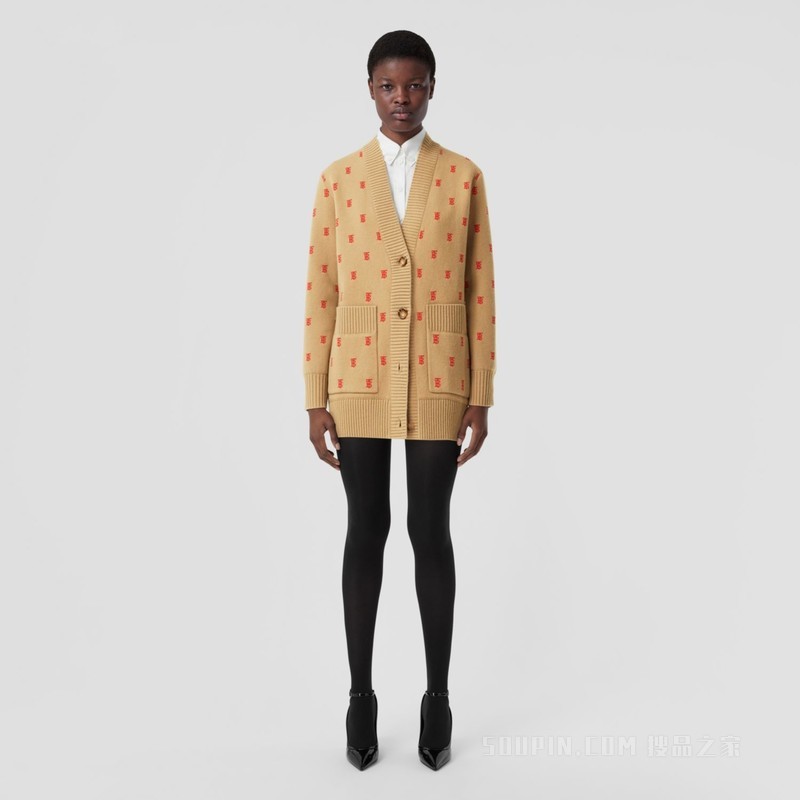 专属标识装饰羊毛混纺宽松开衫 (典藏米色) - 女士