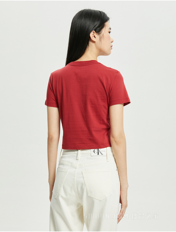 Calvin Klein 22春夏女士休闲短款圆领方框印花LOGO纯棉短袖T恤40WH120
